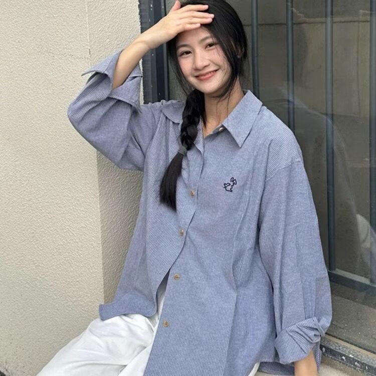 TC494-P45韩系休闲百搭POLO领刺绣复古宽松衬衫，女装衬衫，星座617A-2