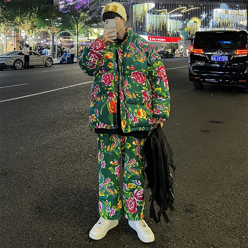 H203情侣东北大花风民族风特色牡丹大花棉袄加绒裤套装男女潮,男装休闲套装,星座115A(原星座507）