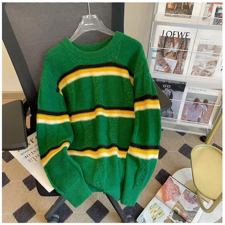 MM241-P48新款宽松慵懒风条纹撞色网红时尚上衣，女装针织衫/毛衣，星座617A-2