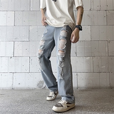 牛仔裤男夏季薄款美式高街vibe风破洞宽松休闲长裤子N02221-P45，男装牛仔裤，星座308B-1