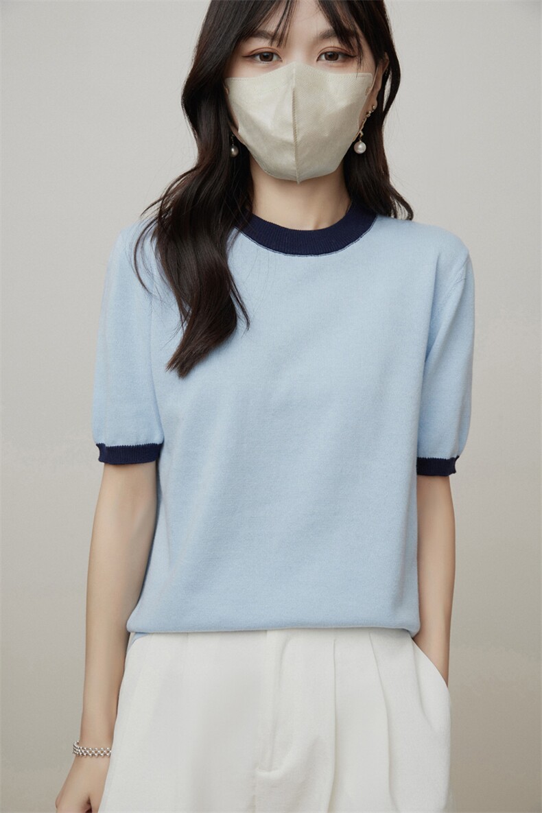 100纯棉针织短袖T恤衫女2025新款圆领套头洋气小清新拼色t恤上衣,针织衫/毛衣,佰旭羊绒