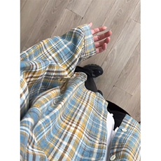 黄蓝色格子设计感衬衫高级感痞帅美式复古防晒衬衣CS002特P34，男装防晒衣，星座908-1