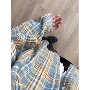 黄蓝色格子设计感衬衫高级感痞帅美式复古防晒衬衣 CS002 特P34图片