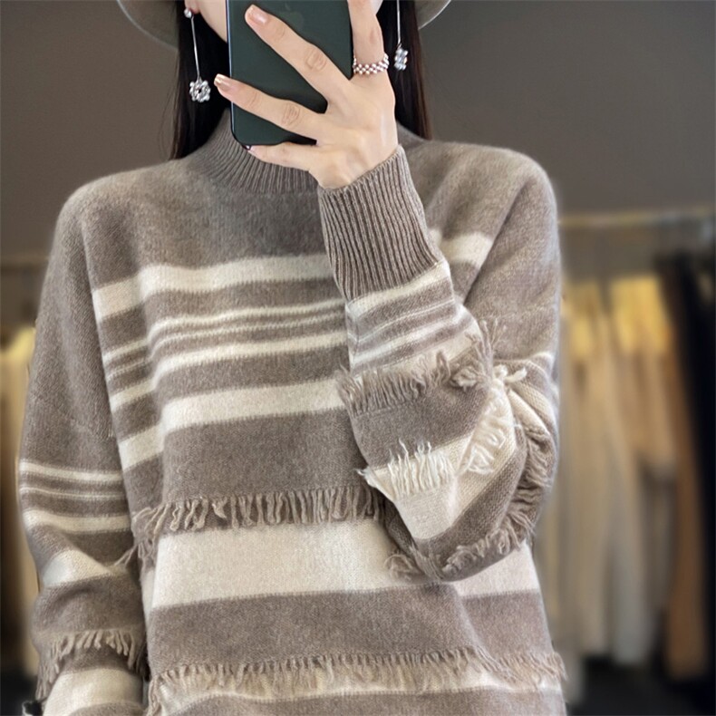 2025年夏季宽松型常规套头长袖圆领条纹羊毛衫时尚百搭，女装羊毛衫，春贝羊绒