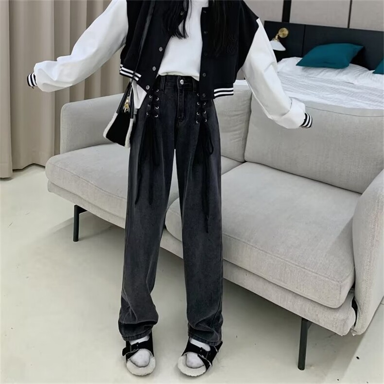 网红高腰直筒宽松显瘦早秋黑色绑带牛仔阔腿裤,女装牛仔裤,中性港风女装