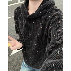 美式复古针织连帽卫衣男设计感毛绒帽衫小香风情侣外套LW2488-P65，女装短外套，星座1008