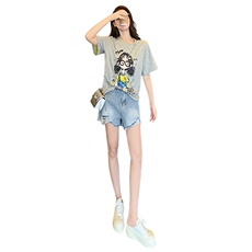 简约个性休闲时尚套装女夏季新款圆领短袖印花上衣牛仔短裤两件套，女装套装/套裙，江南