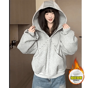 480G重磅加绒硬挺boxy 男女秋冬美式高街卫衣铆钉拼接开衫厚外套图片