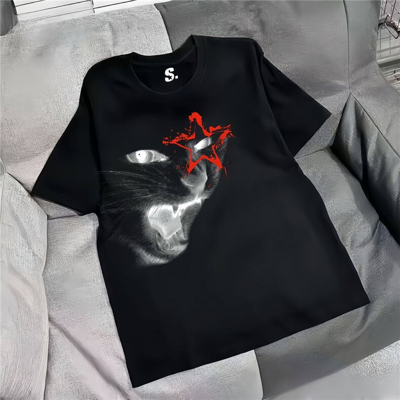 摇滚猫趣味印花短袖T恤男款夏季穿搭纯棉半袖质感正肩休闲五分袖,男装T恤,电商C310-1