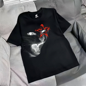 摇滚猫趣味印花短袖T恤男款夏季穿搭纯棉半袖质感正肩休闲五分袖图片