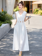 欧洲站2026春季新款法式度假风V领修身收腰无袖气质亚麻连衣裙女，女装连衣裙，衣之秀