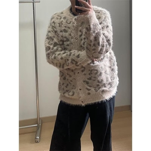 豹纹甜美慵懒风软糯复古宽松针织开衫毛衣外套男女2025秋冬新款图片