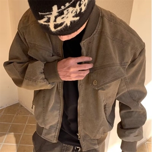 秋冬韩版时髦复古cleanfit工装皮质短款夹克外套男士宽松棒球服潮图片