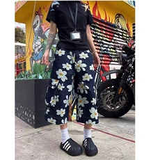 美式复古邹菊印花工装牛仔七分裤女夏季街头设计感阔腿五分裤短裤，男装牛仔裤，星座506A