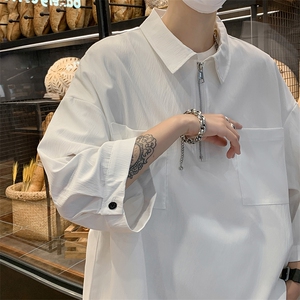 A626-P33 小众日系半拉链卫衣山系polo衫男夏季潮流七分短袖衬衣图片