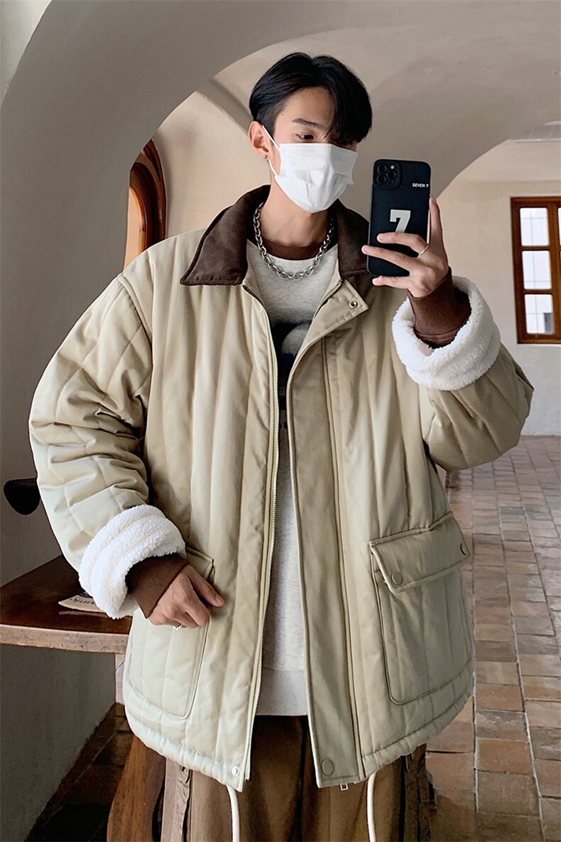 港风撞色灯芯绒拼接领棉衣外套女羊羔绒情侣加厚棉服G1070P128,男装棉衣,电商A339