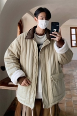 港风撞色灯芯绒拼接领棉衣外套女羊羔绒情侣加厚棉服G1070P128，男装棉衣，电商A339
