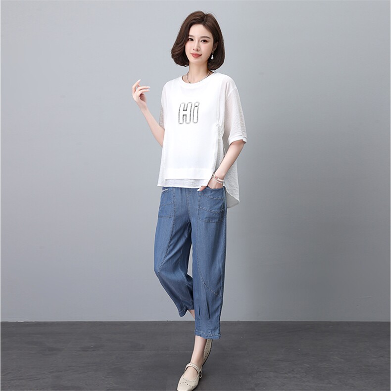 天丝牛仔套装女2025夏季新款时尚休闲宽松中年妈妈洋气减龄两件套,女装套装/套裙,叶笙衣