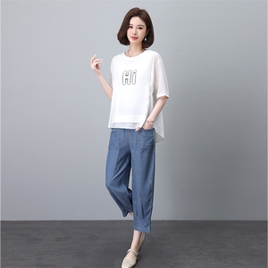 天丝牛仔套装女2025夏季新款时尚休闲宽松中年妈妈洋气减龄两件套图片