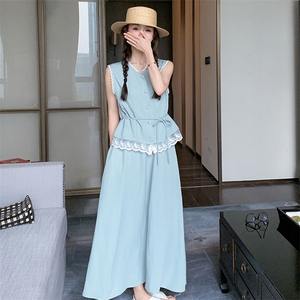 韩系宽松蕾丝拼接无袖背心牛仔套装裙女夏季新款显瘦半身裙两件套图片