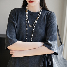 法式中长款短袖纯棉T恤女2025新款宽松显瘦遮肉遮胯针织半袖棉t恤，女装T恤，美雪羊绒