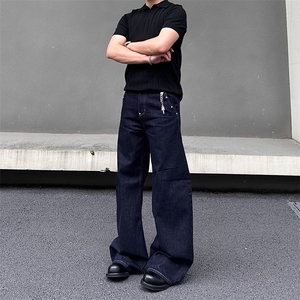 深蓝色弯刀牛仔裤新款宽松阔腿长裤子NA29-P53图片