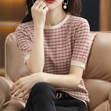 时尚拼色短袖针织衫修身显瘦圆领毛衣百搭气质女装上衣，女装针织衫/毛衣，凝珊羊绒