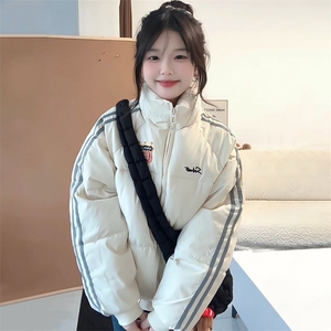 美式复古学院风拼接条纹面包服2025年新款宽松加厚棉服女外套冬季图片