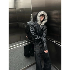 网图有货黑色连帽狼王座山雕皮衣外套棉服男女棉衣A1114-P155，男装皮衣，星座1505
