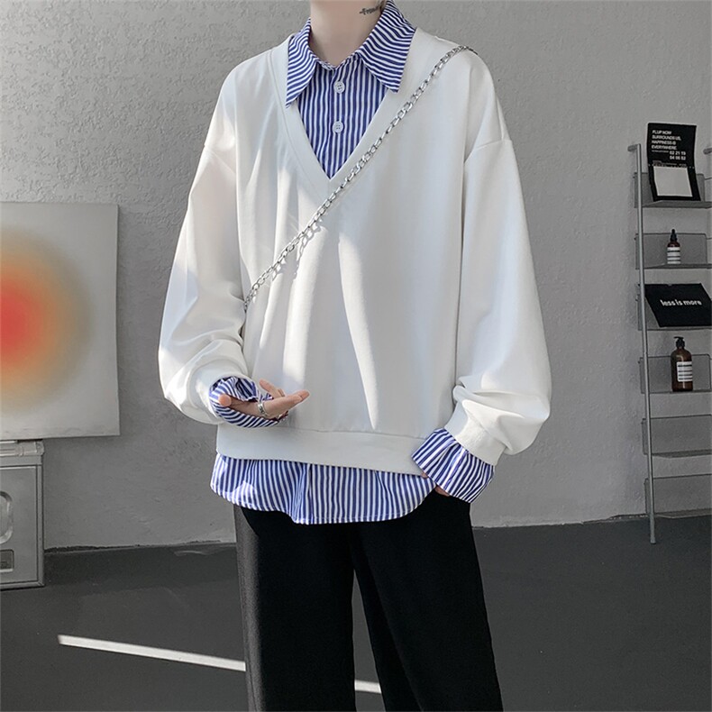 秋冬男士韩系学院风假两件卫衣宽松条纹拼接休闲上衣外套P65,女装短外套,电商B319