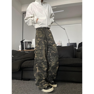 K843-特P58 秋冬男女同款迷彩工装裤复古水洗宽松直筒拖地裤图片