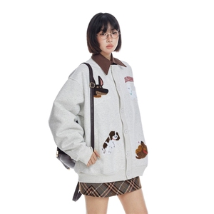 2025春季新款小狗刺绣纽扣开衫套头卫衣女复古情侣外套潮图片