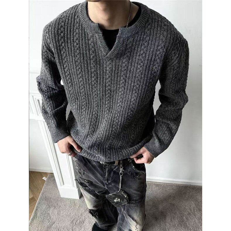 美式复古麻花设计感毛衣男女情侣高级感套头针织衫A5013-P70图片