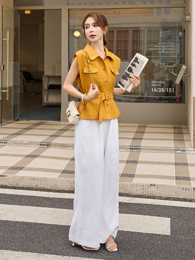 时尚通勤职场棉麻套装女2025年夏系带衬衫上衣+显瘦阔腿裤两件套,女装套装/套裙,艾仟回(原伊仟回)