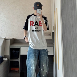 抖音得物品质二开240克宽松纯棉美式潮牌插肩三杠织带短袖T恤图片