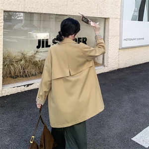 卡其色复古格纹袖口拼接风衣外套女2025秋季英伦风气质中长款大衣图片