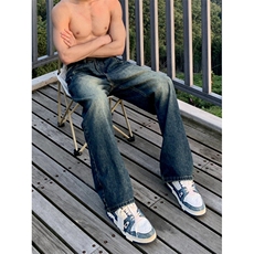dirtyfit裤子水洗蓝阔腿直筒牛仔裤垂感高级感XZ310A-4-NZ10，男装牛仔裤，星座310A-4