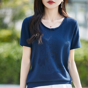 夏季新款女装纯棉短袖印花t恤女宽松文艺无色无味大码套头针织衫