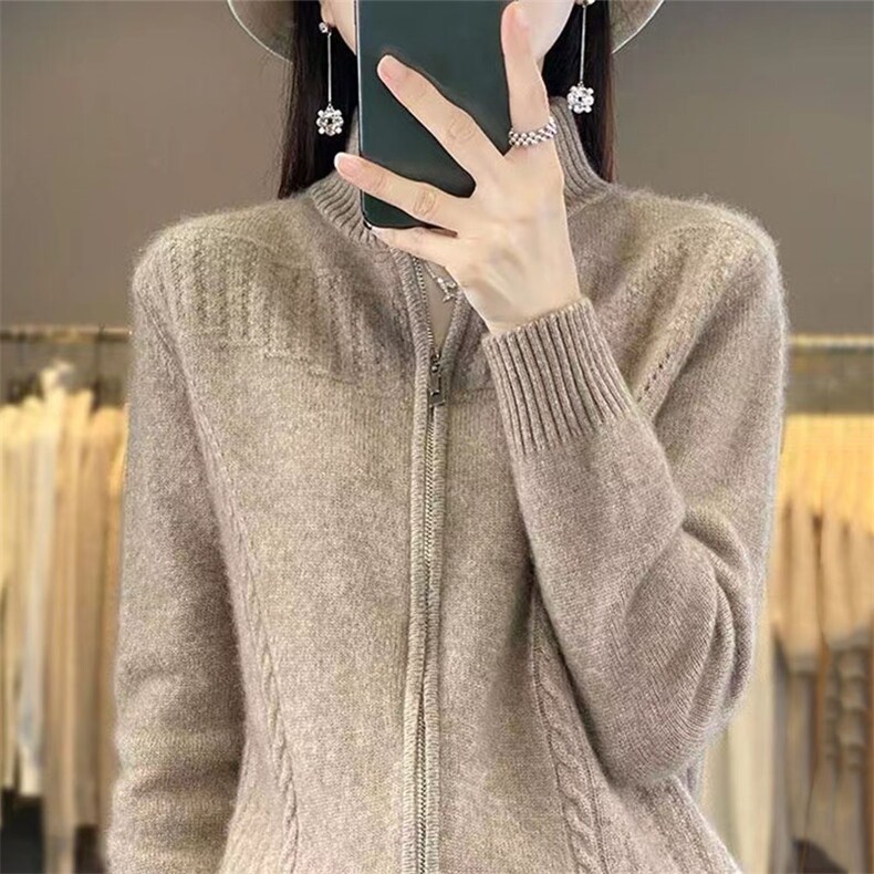 通勤秋冬拉链针织开衫女重磅加厚保暖长袖毛衣外套休闲简约上衣新,针织衫/毛衣,萱芳婷羊绒