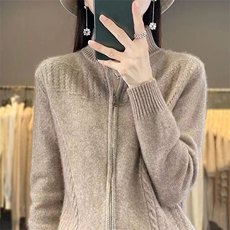 通勤秋冬拉链针织开衫女重磅加厚保暖长袖毛衣外套休闲简约上衣新，女装针织衫/毛衣，萱芳婷羊绒