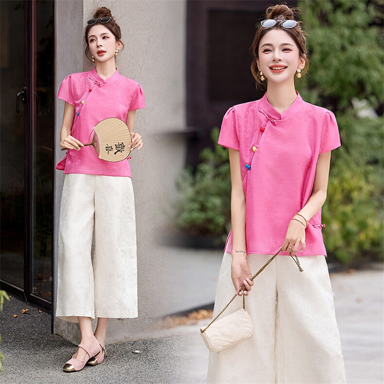 新中式提花盘扣套装女2025夏季新款复古阔腿裤两件套，女装套装/套裙，仟媚宠