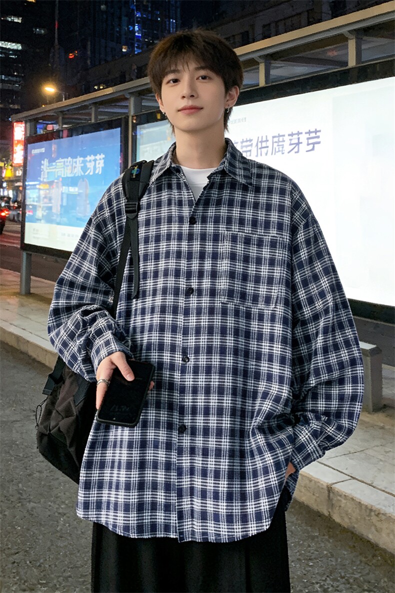 宽松格子衬衫男长袖衬衣A143-P45,男装衬衫,电商D312