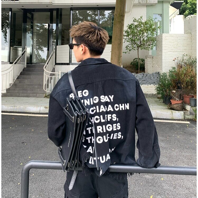 美式潮牌oversize休闲后背字母牛仔外套男女款流苏毛边情侣装夹克,男装工装外套,四季星座505