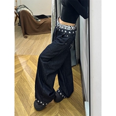 W11076-P60网图现货春季新款水洗做旧铆钉毛边拖地微喇叭牛仔裤，男装牛仔裤，星座1608