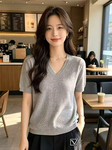 高级感V领莱赛尔天丝短袖针织衫女薄款宽松显瘦百搭T恤打底衫上衣图片