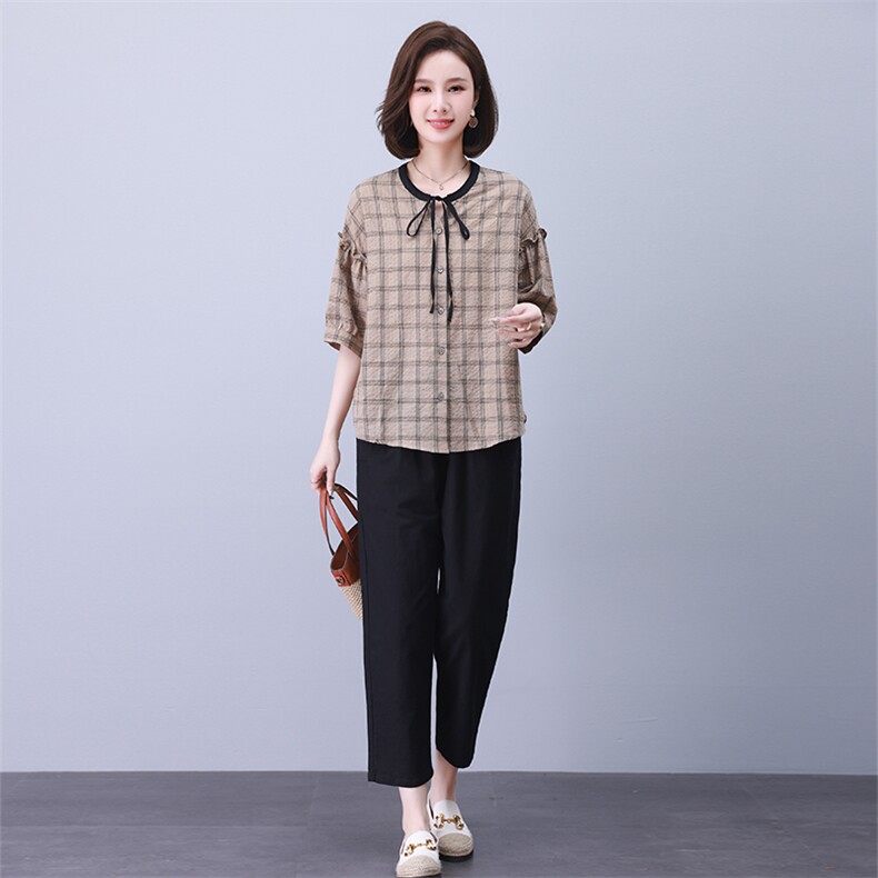 时尚休闲格子拼接套装女宽松显瘦抽绳设计两件套,女装套装/套裙,叶笙衣