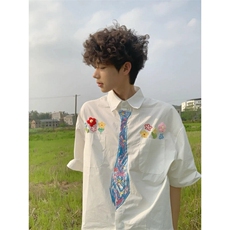 蜡笔涂鸦领带短袖衬衫男学院风花卉刺绣衬衣设计感小众情侣装外套，男装T恤，星座1007（原301D）
