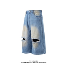 白底夏季水洗做旧破洞牛仔短裤男阔腿七分裤子-A2142P48控78，男装牛仔裤，电商B241