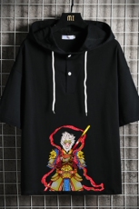 LD54203-P45连帽短袖t恤男大码胖子带帽五分袖中袖网格挂拍，男装T恤，电商A040A