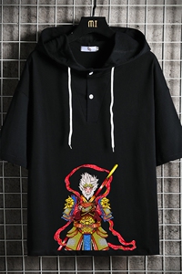 LD54203-P45 连帽短袖t恤男大码胖子带帽五分袖中袖 网格挂拍图片